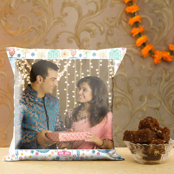 Diwali Personalized Cushion with Dodha Barfi