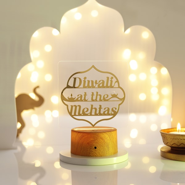 Diwali With Family Personalized LED Lamp With Wooden Base