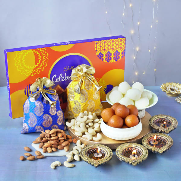 Diyas with Indian Sweets & Almonds