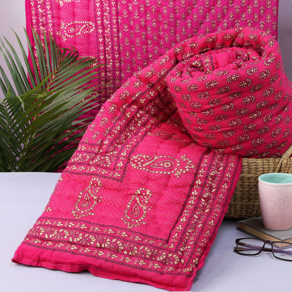 Double Bed Quilt with Rajasthani Sanganeri Booti & Block Print Work