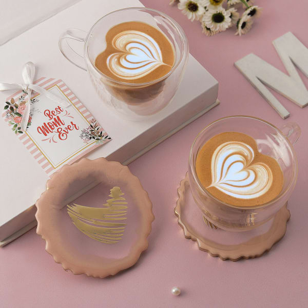 Double Wall Heart Mugs and Resin Coasters -  Set of 2