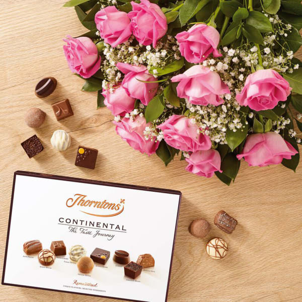 Dozen Pink Roses and Continental Chocolate Box (142g)