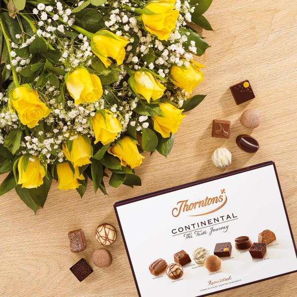 Dozen Yellow Roses and Continental Chocolate Box (142g)