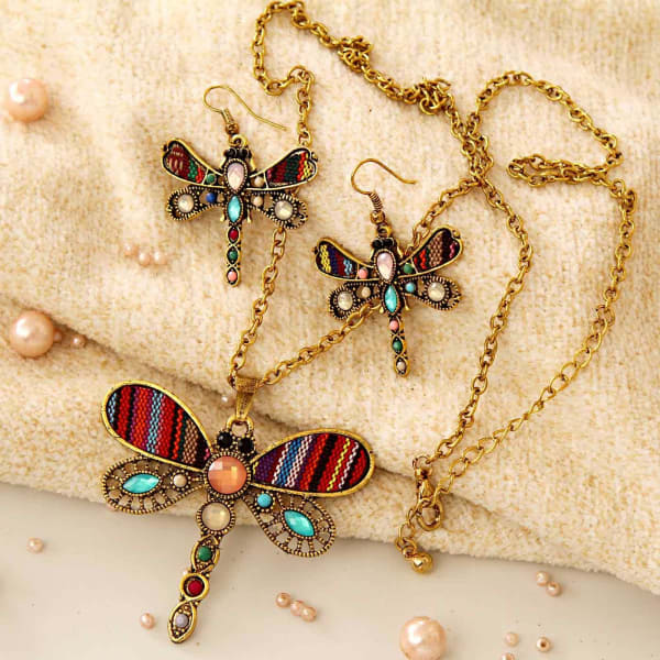 Dragonfly Design Long Chain Pendant Necklace With Matching Earrings