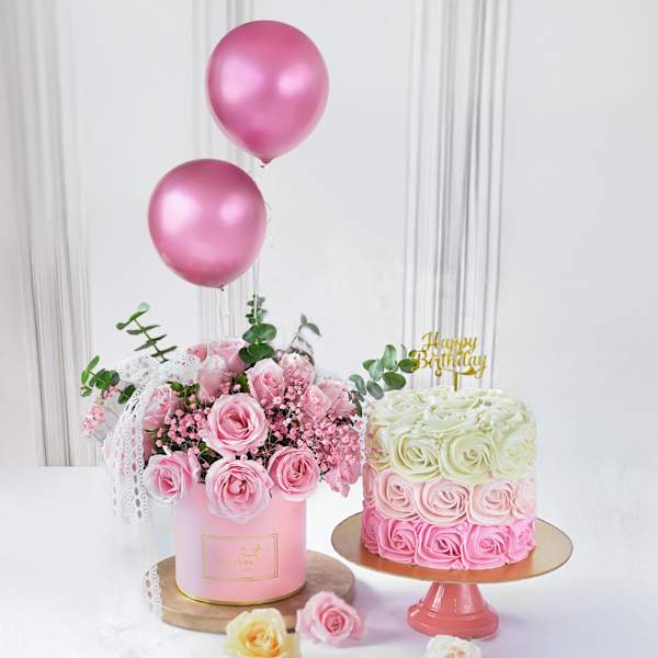 Dreamy Blushing Balloons Roses And Pink Ombre Roses Cream Cake Combo