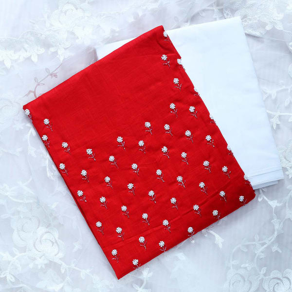 Dress Material in Red with Embroidery and Beads Work on Dupatta