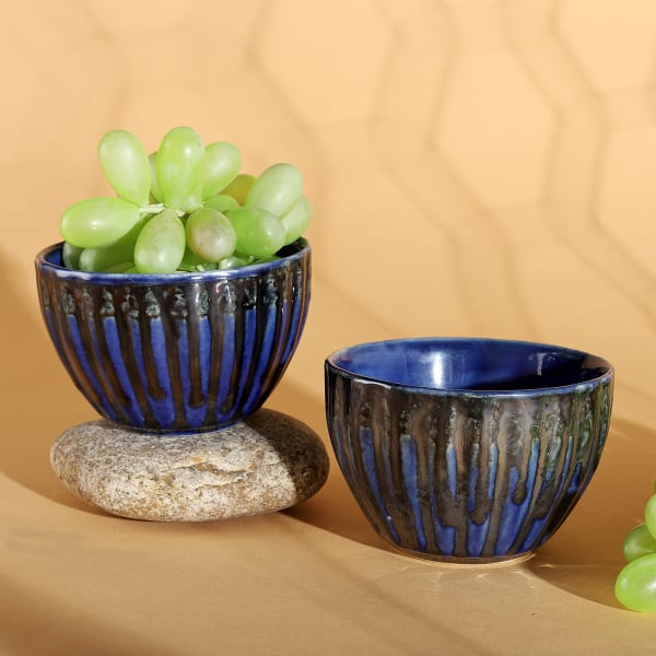 Dual Dipped Blue And Brown Ceramic Bowls (Set of 2)