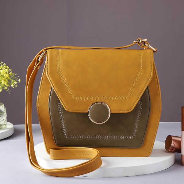 Dual Tone Sling Bag For Women - Tan and Mustard