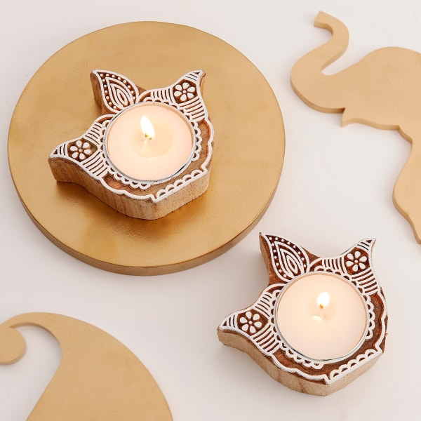 Eco-friendly Diya-Shaped Candle Holder With Tea Light Candle - Set Of 2