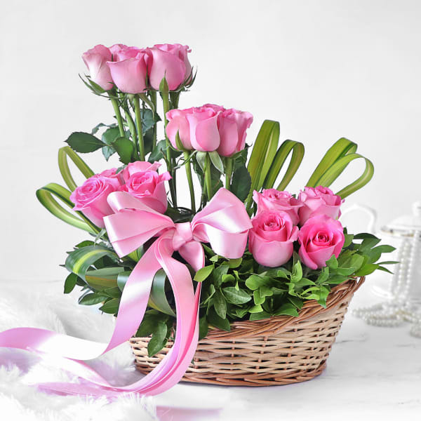 Elegant 18 Blush Pink Roses in Basket