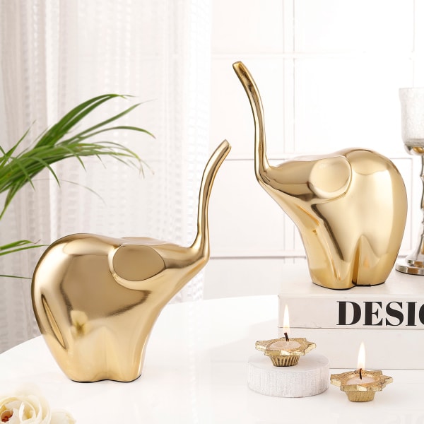 Elegant Elephant Figurine And Lotus Candle Set - Set Of 2 - Gold