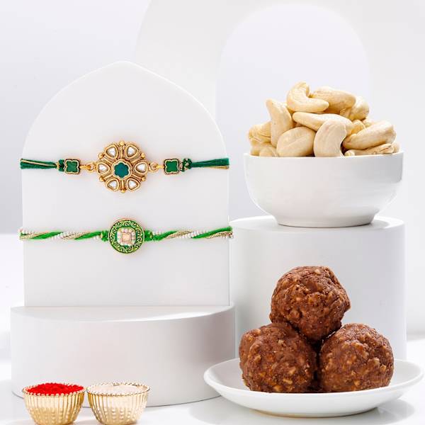 Elegant Green Kundan Rakhis Hamper - Set Of 2
