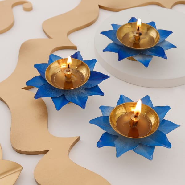 Elegant Lotus Diya - Set Of 3 - Blue