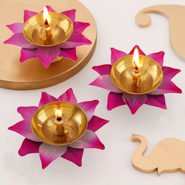 Elegant Lotus Diya - Set Of 3 - Pink