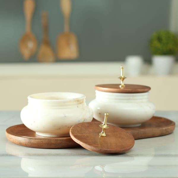 Elegant Marble Jar with Wooden Lid and Tray