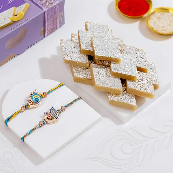 Elegant Peacock Rakhis And Kaju Katli Combo
