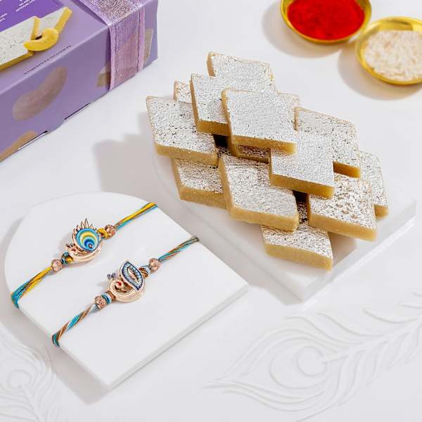 Elegant Peacock Rakhis And Kaju Katli Combo