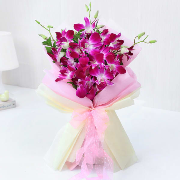 Elegant Purple Orchids Ribbon Bouquet
