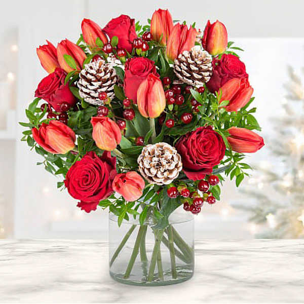 Elegant Red Tulip And Rose Christmas Arrangement