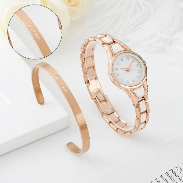 Elegant Women's Watch With Personalized Cuff Bracelet Set