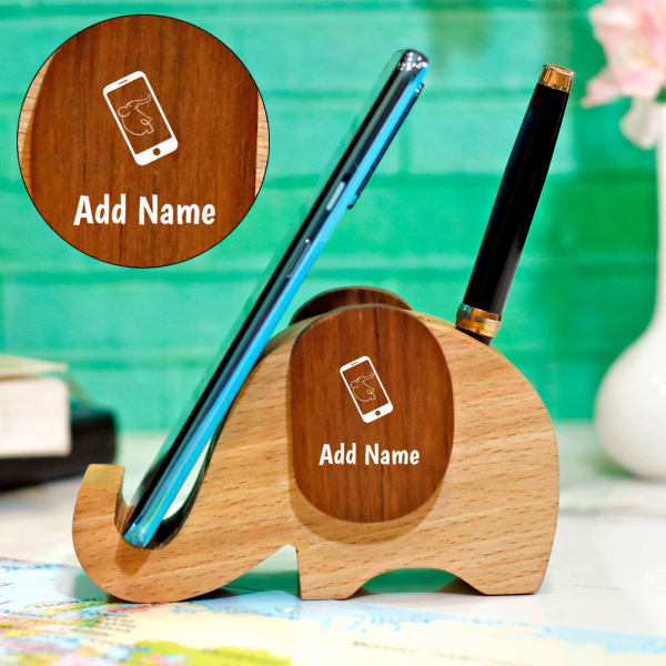 Elephant Personalized Wood Mobile Stand & Pen Holder