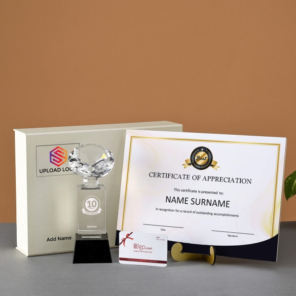 Employee Appreciation Certificate, Voucher & Trophy in Gift Box- Customized with Logo & Name