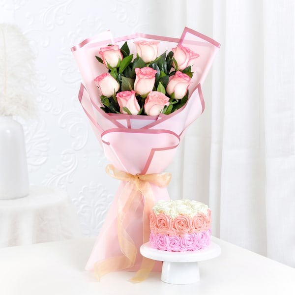 Enchanting Bliss - Pink Roses Bouquet With Mini Cake