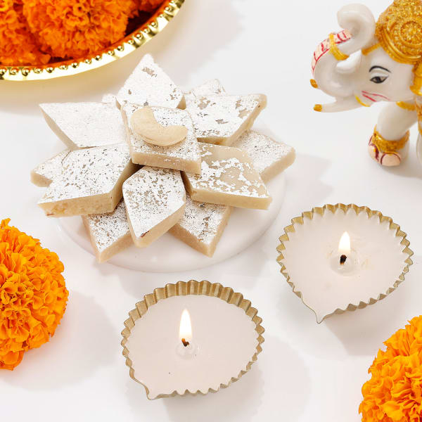 Enchanting Diya And Kaju Katli Diwali Combo