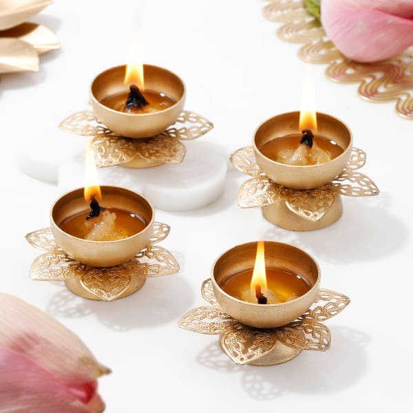 Enchanting Floral Metal Diyas - Set Of 4