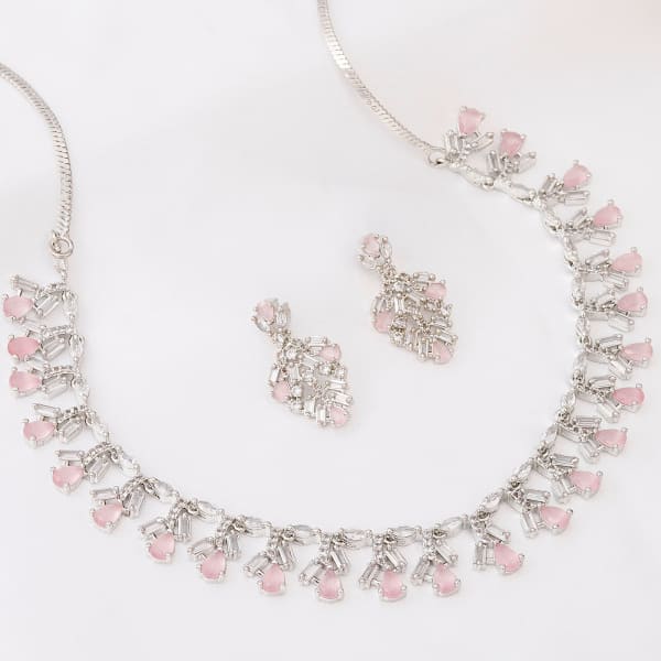 Enchanting Grace - Rose Pink CZ Necklace With Earrings