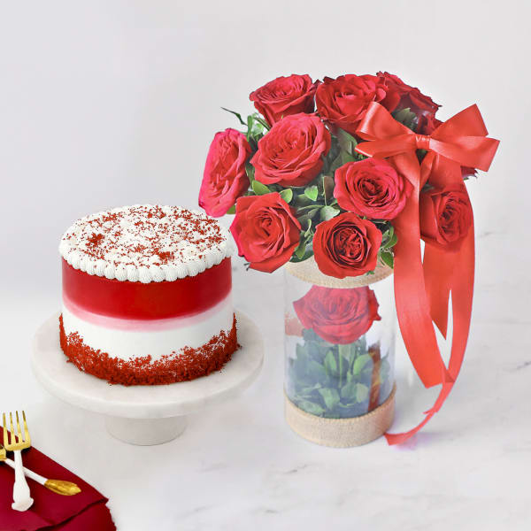 Enchanting Roses Vase And Red Velvet Cake Duo