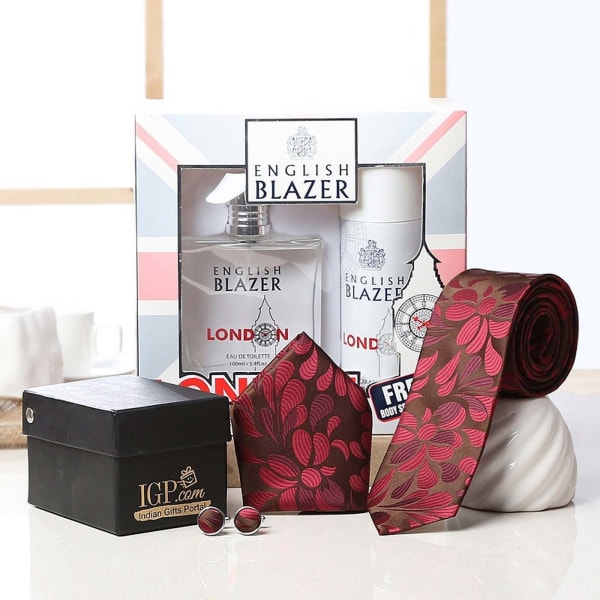 English Blazer Deodorant Perfume Set With Designer Tie Hamper Gift