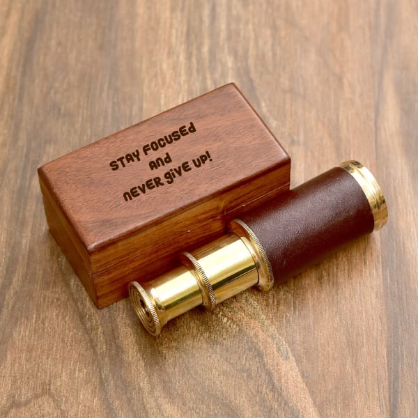 Engravable Solid Brass And Leather Finish Telescope In Sheesham Wood Box