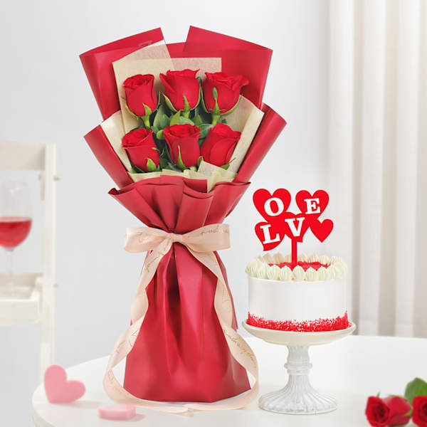 Eternal Romance Bouquet And Red Velvet Cake Combo