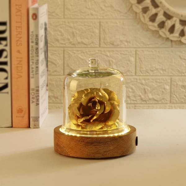 Everlasting Gold Rose In LED Glass Bell Jar