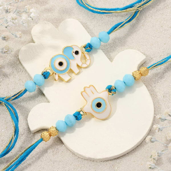 Evil Eye Elephant and Hamsa Rakhi Set Of 2