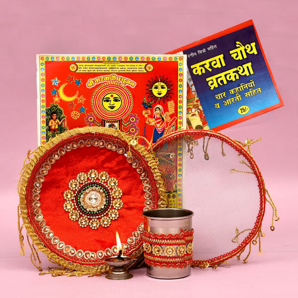 Exclusive Karwachauth Puja Kit with Roasted Almonds & Namkeen: Gift ...