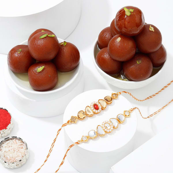 Exquisite Pearlwork Rakhis And Gulab Jamun Combo