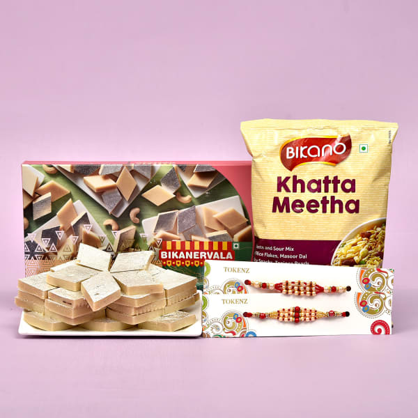 Fancy Pearl & Beaded Rakhi Set with Kaju Katli & Khatta Meetha Namkeen