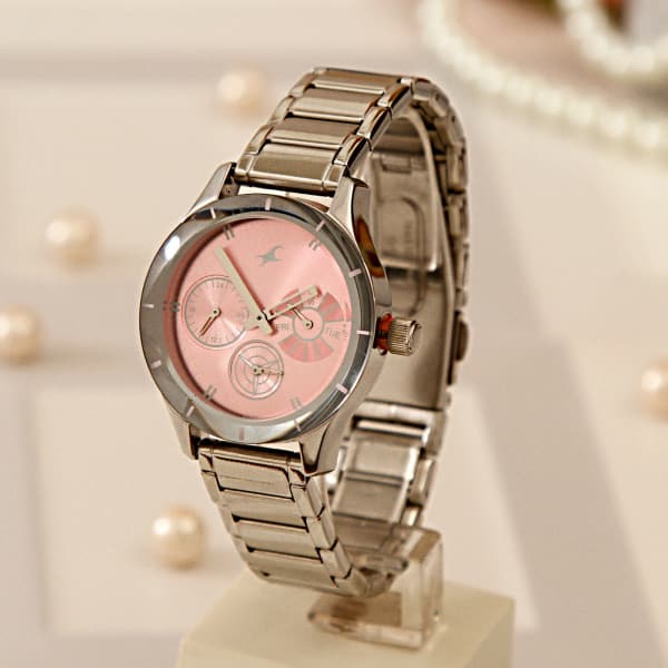 Fastrack Smart Silver Watch with a Pink Dial for Women: Gift/Send Fashion and Lifestyle Gifts 