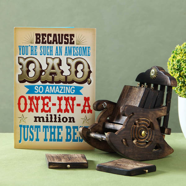 Father of the Year Greeting Card with Set of 6 Wooden Coasters