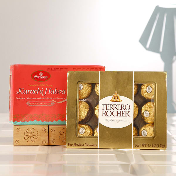 Ferrero Rocher 12 Pcs Chocolate Box with Karachi Halwa 250 Gms Gift