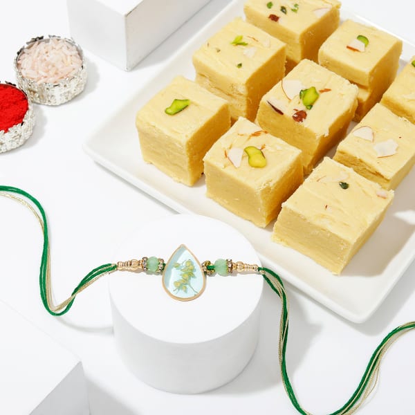 Festive Bliss Resin Rakhi And Soan Papdi Combo