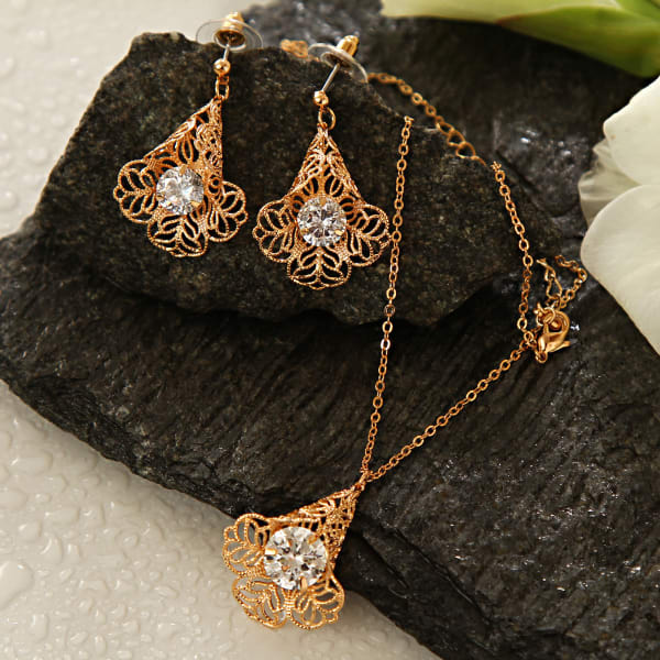 Fine Jali Work Gold Plated Necklace Set with CZ stones