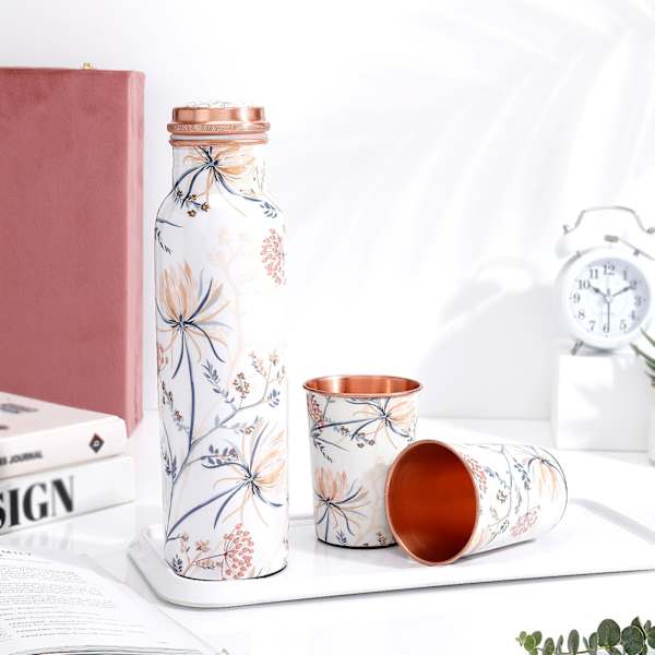 Floral Copper Bottle And Glass Set