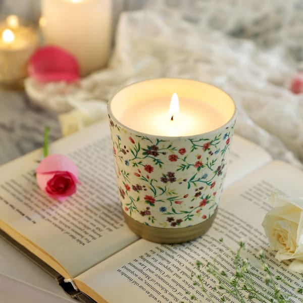 Floral Decal Ceramic Votive With Lavender Vanilla Aroma Candle