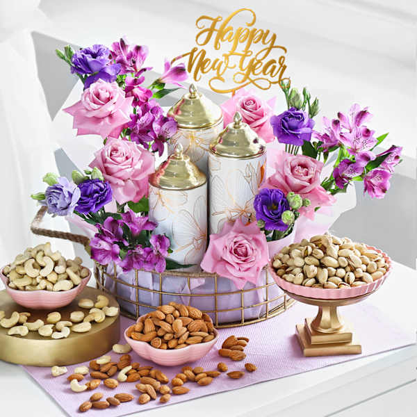 Floral Delight And Treats Metal Basket New Year Hamper