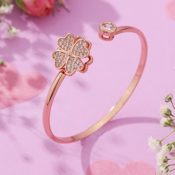 Floral Heart Rose Gold Adjustable Cuff Bracelet