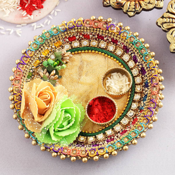 Floral Motifs And Stone Decorated Velvet Tikka Thali Gift Send