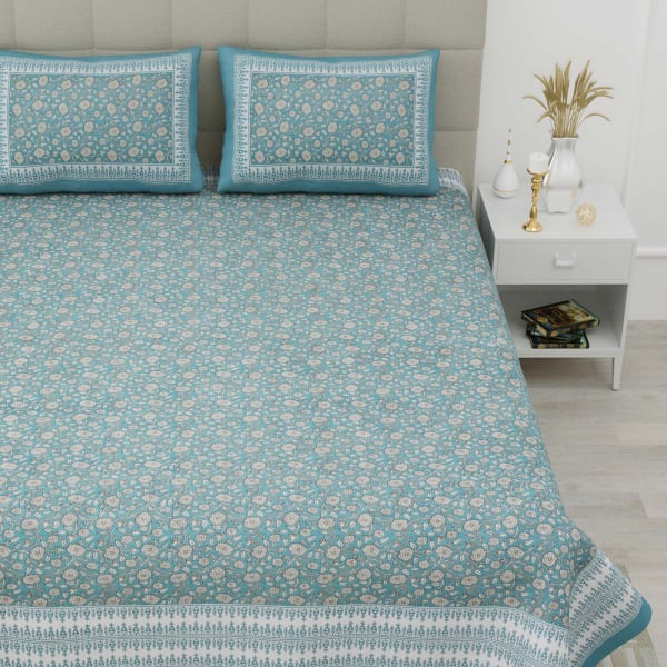 Floral Vine Print Cotton Bedsheet Set With Pillow Covers - Blue